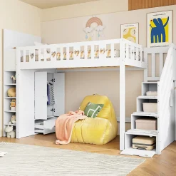 Okwish Lit Mezzanine 90x200 cm - Lit enfant avec Échelle et Rangement, Lit Combiné avec Espace de Rangement, Bois Massif - Blanc* Lit Mezzanine