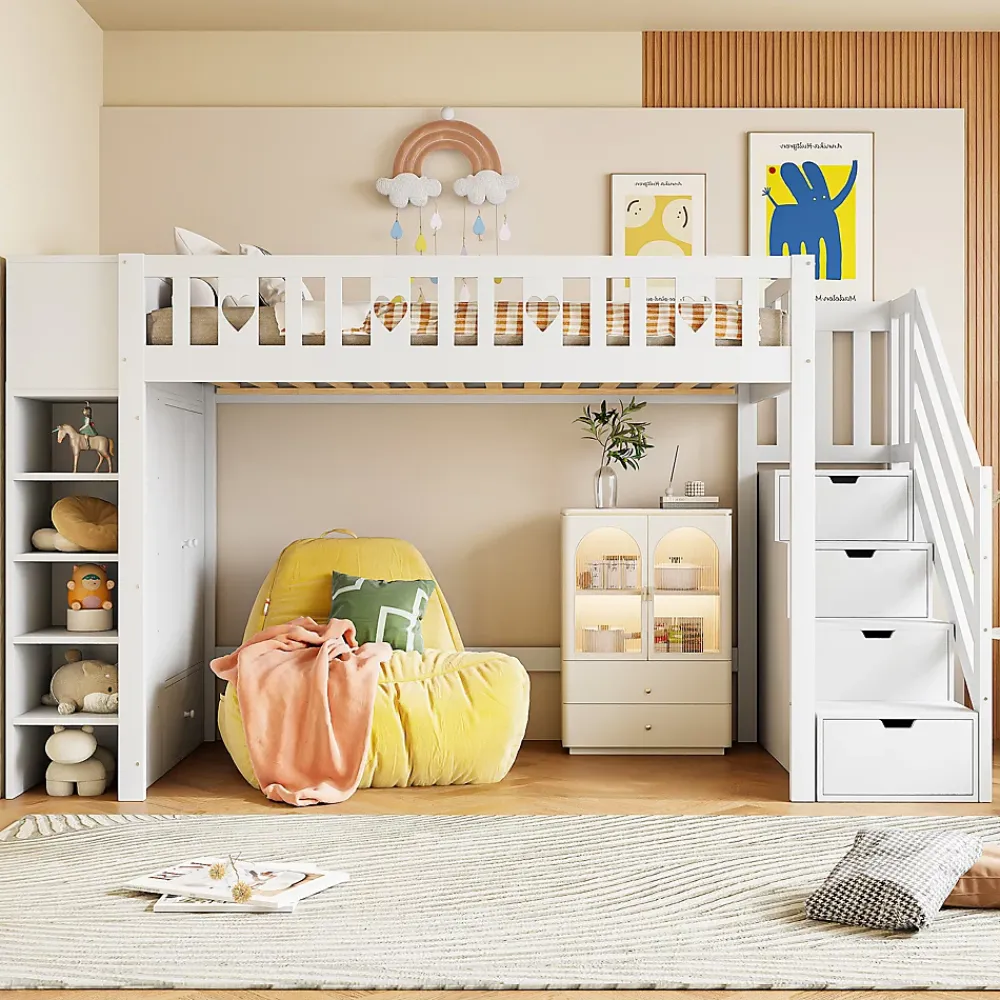Okwish Lit Mezzanine 90x200 cm - Lit enfant avec Échelle et Rangement, Lit Combiné avec Espace de Rangement, Bois Massif - Blanc* Lit Mezzanine