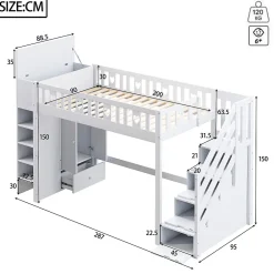 Okwish Lit Mezzanine 90x200 cm - Lit enfant avec Échelle et Rangement, Lit Combiné avec Espace de Rangement, Bois Massif - Blanc* Lit Mezzanine