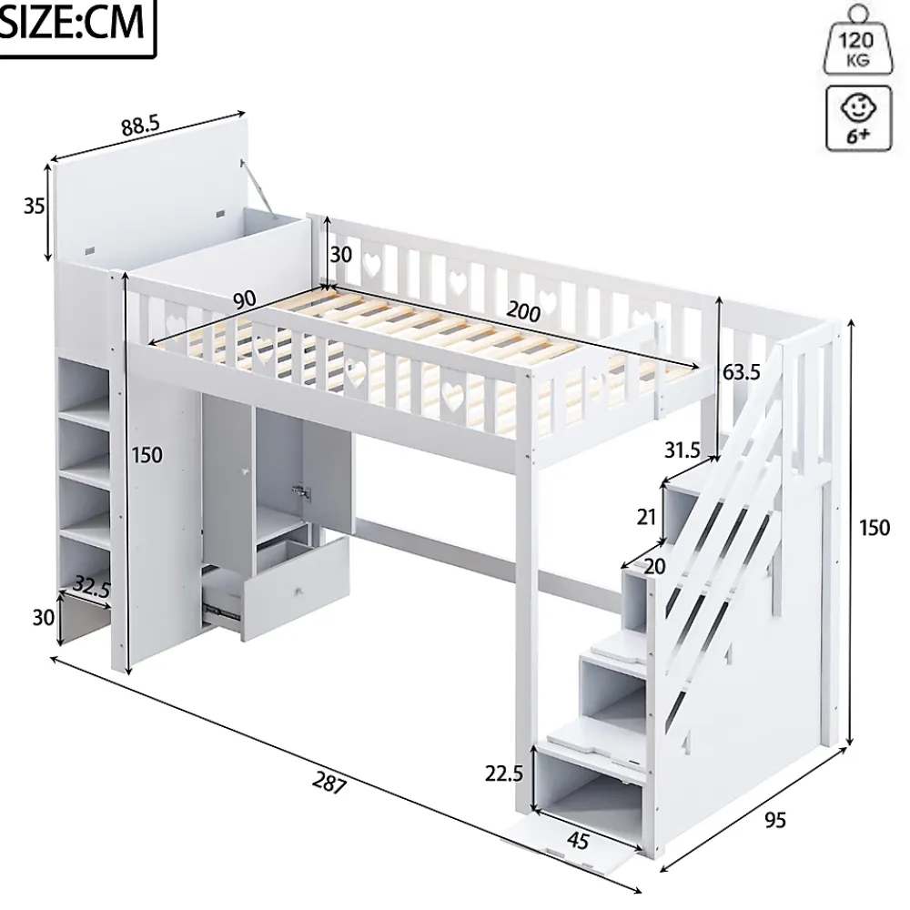 Okwish Lit Mezzanine 90x200 cm - Lit enfant avec Échelle et Rangement, Lit Combiné avec Espace de Rangement, Bois Massif - Blanc* Lit Mezzanine