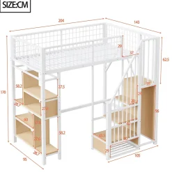 Okwish Lit Mezzanine 90x200 cm - Lit enfant et Adulte avec Rangement, Étagères et Escalier Sécurisé, Métal Blanc, Sans Matelas* Lit Mezzanine