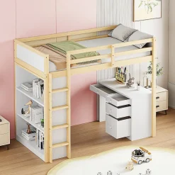 Okwish Lit Mezzanine 90x200 cm - Lit enfant avec Bureau et Rangement, Lit Combiné Bois Naturel et Blanc, Sans Matelas* Lit Mezzanine