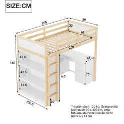 Okwish Lit Mezzanine 90x200 cm - Lit enfant avec Bureau et Rangement, Lit Combiné Bois Naturel et Blanc, Sans Matelas* Lit Mezzanine