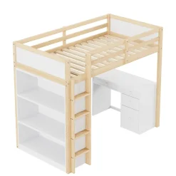 Okwish Lit Mezzanine 90x200 cm - Lit enfant avec Bureau et Rangement, Lit Combiné Bois Naturel et Blanc, Sans Matelas* Lit Mezzanine