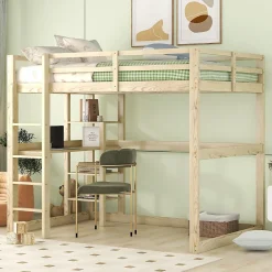 Okwish Lit Mezzanine 140x200 cm - Lit en Bois avec Bureau et 4 Compartiments de Rangement, Lit en Pin Naturel, Sans Matelas* Lit Mezzanine