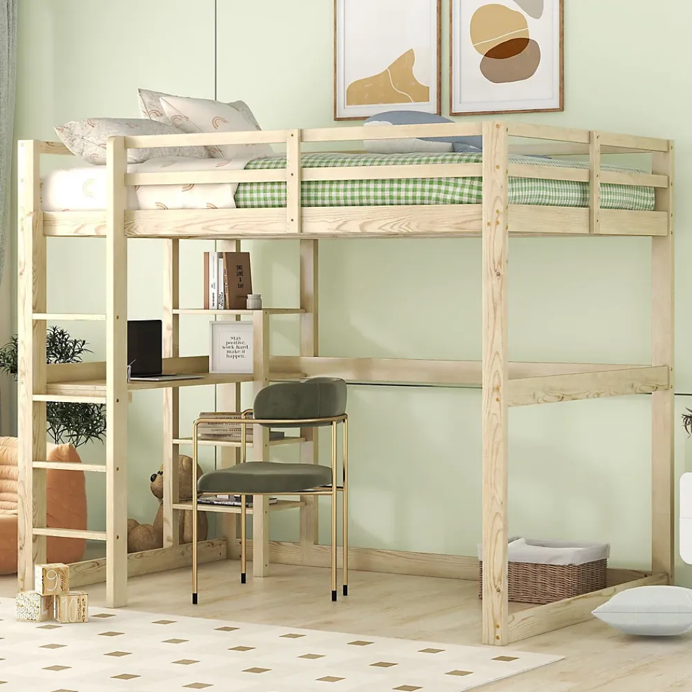 Okwish Lit Mezzanine 140x200 cm - Lit en Bois avec Bureau et 4 Compartiments de Rangement, Lit en Pin Naturel, Sans Matelas* Lit Mezzanine