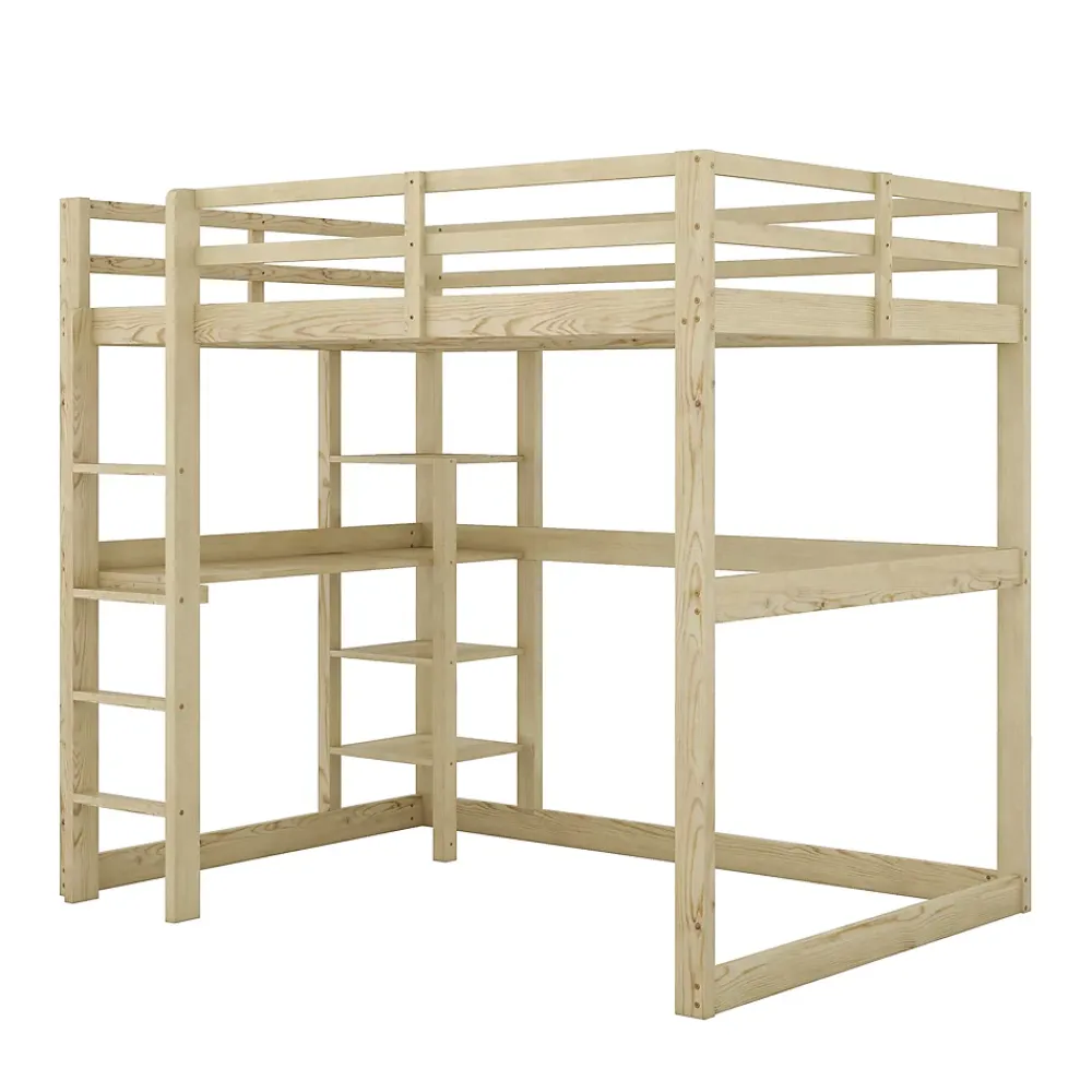 Okwish Lit Mezzanine 140x200 cm - Lit en Bois avec Bureau et 4 Compartiments de Rangement, Lit en Pin Naturel, Sans Matelas* Lit Mezzanine