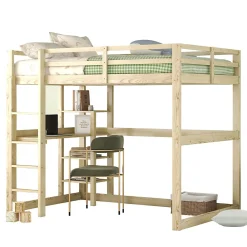 Okwish Lit Mezzanine 140x200 cm - Lit en Bois avec Bureau et 4 Compartiments de Rangement, Lit en Pin Naturel, Sans Matelas* Lit Mezzanine