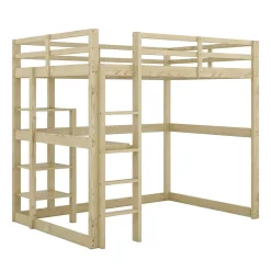 Okwish Lit Mezzanine 140x200 cm - Lit en Bois avec Bureau et 4 Compartiments de Rangement, Lit en Pin Naturel, Sans Matelas* Lit Mezzanine