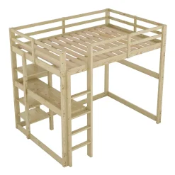 Okwish Lit Mezzanine 140x200 cm - Lit en Bois avec Bureau et 4 Compartiments de Rangement, Lit en Pin Naturel, Sans Matelas* Lit Mezzanine