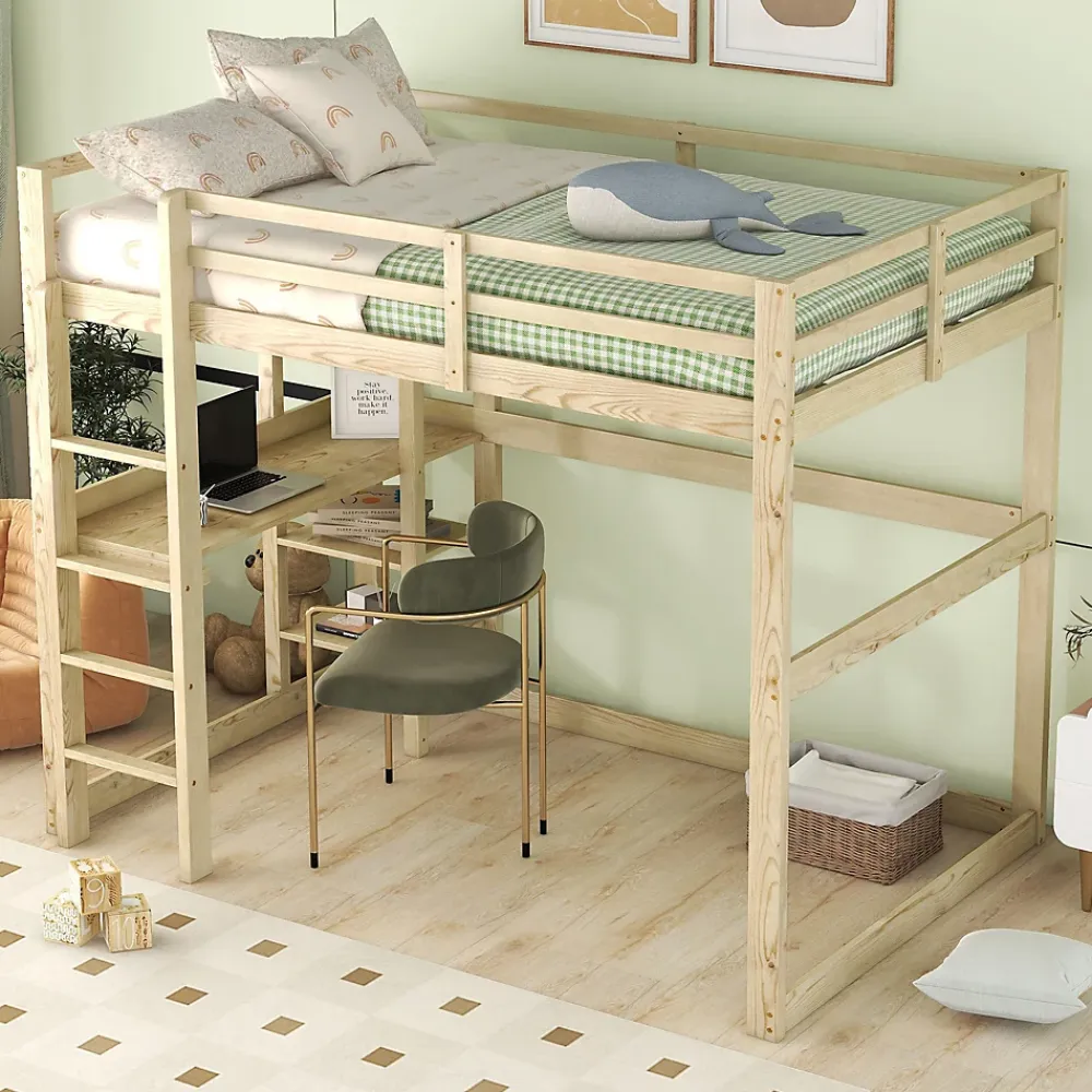 Okwish Lit Mezzanine 140x200 cm - Lit en Bois avec Bureau et 4 Compartiments de Rangement, Lit en Pin Naturel, Sans Matelas* Lit Mezzanine