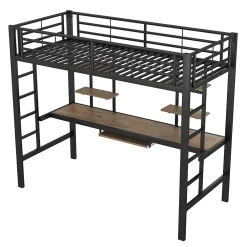 Okwish Lit Mezzanine 90x200 cm - Lit enfant avec Bureau et 2 Étagères - Métal + MDF - Sans Matelas - Noir* Lit Mezzanine