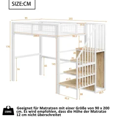 Okwish Lit Mezzanine 90x200 cm - Lit enfant avec Rangement, Armoire Intégrée, Étagères et Échelle Sécurisée, Métal Blanc* Lit Mezzanine