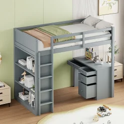 Lit Mezzanine 90x200 cm - Lit enfant avec Bureau et Rangement, Lit Combiné en Bois de Pin Gris, Sans Matelas>Okwish Online