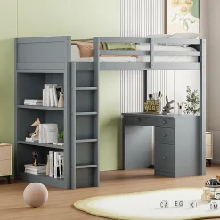 Lit Mezzanine 90x200 cm - Lit enfant avec Bureau et Rangement, Lit Combiné en Bois de Pin Gris, Sans Matelas>Okwish Online