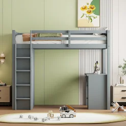 Lit Mezzanine 90x200 cm - Lit enfant avec Bureau et Rangement, Lit Combiné en Bois de Pin Gris, Sans Matelas><noscript><img width=