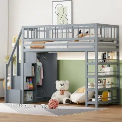 Lit Mezzanine 90x200 cm - Lit enfant avec Garde-Corps Sécurisé et Armoire Intégrée - Étagères Pratiques - Bois Massif - Gris>Okwish Best