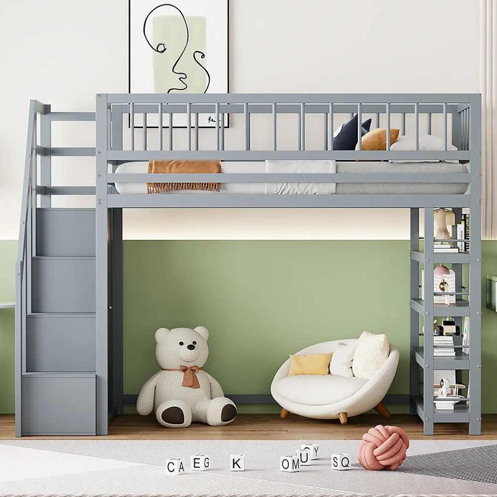 Lit Mezzanine 90x200 cm - Lit enfant avec Garde-Corps Sécurisé et Armoire Intégrée - Étagères Pratiques - Bois Massif - Gris>Okwish Best