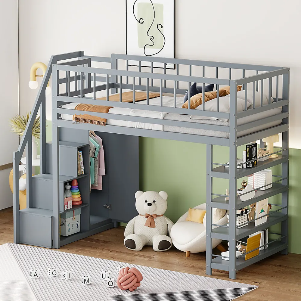 Lit Mezzanine 90x200 cm - Lit enfant avec Garde-Corps Sécurisé et Armoire Intégrée - Étagères Pratiques - Bois Massif - Gris>Okwish Best