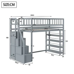 Lit Mezzanine 90x200 cm - Lit enfant avec Garde-Corps Sécurisé et Armoire Intégrée - Étagères Pratiques - Bois Massif - Gris><noscript><img width=