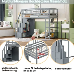 Lit Mezzanine 90x200 cm - Lit enfant avec Garde-Corps Sécurisé et Armoire Intégrée - Étagères Pratiques - Bois Massif - Gris><noscript><img width=