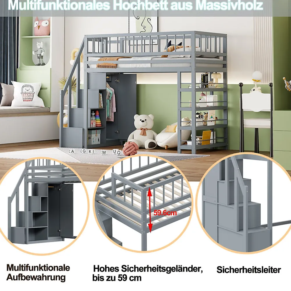 Lit Mezzanine 90x200 cm - Lit enfant avec Garde-Corps Sécurisé et Armoire Intégrée - Étagères Pratiques - Bois Massif - Gris>Okwish Best