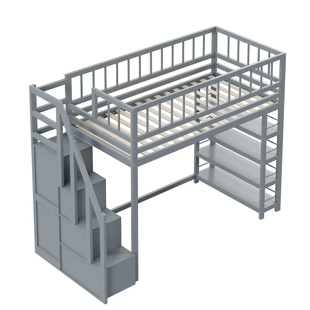Lit Mezzanine 90x200 cm - Lit enfant avec Garde-Corps Sécurisé et Armoire Intégrée - Étagères Pratiques - Bois Massif - Gris>Okwish Best