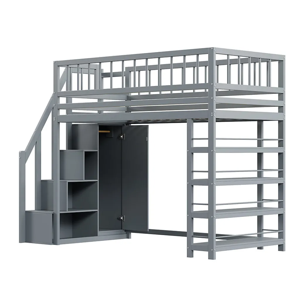Lit Mezzanine 90x200 cm - Lit enfant avec Garde-Corps Sécurisé et Armoire Intégrée - Étagères Pratiques - Bois Massif - Gris>Okwish Best