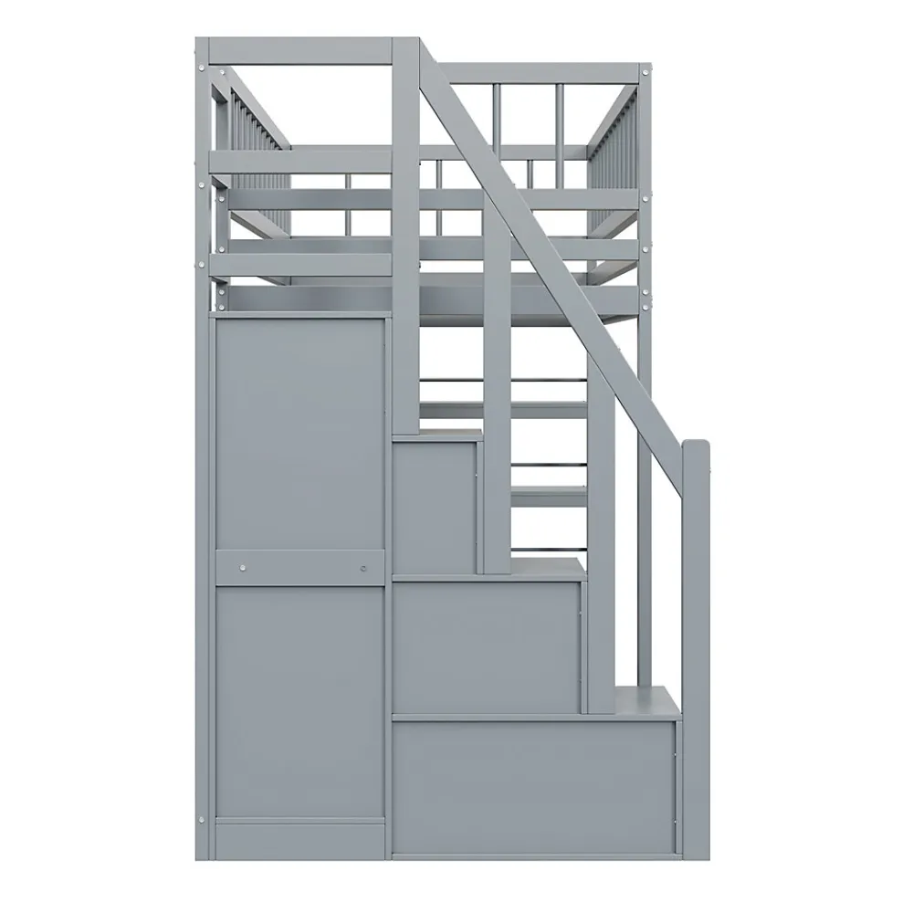 Lit Mezzanine 90x200 cm - Lit enfant avec Garde-Corps Sécurisé et Armoire Intégrée - Étagères Pratiques - Bois Massif - Gris>Okwish Best