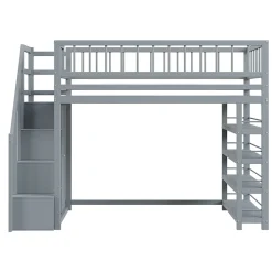 Lit Mezzanine 90x200 cm - Lit enfant avec Garde-Corps Sécurisé et Armoire Intégrée - Étagères Pratiques - Bois Massif - Gris><noscript><img width=