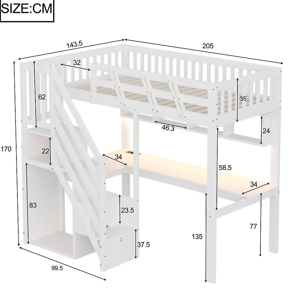 Okwish Lit Mezzanine 90x200 cm - Lit Enfant avec Escalier et Rangement, Bureau Intégré avec LED et USB - Sans Matelas - Bois Blanc* Lit Mezzanine