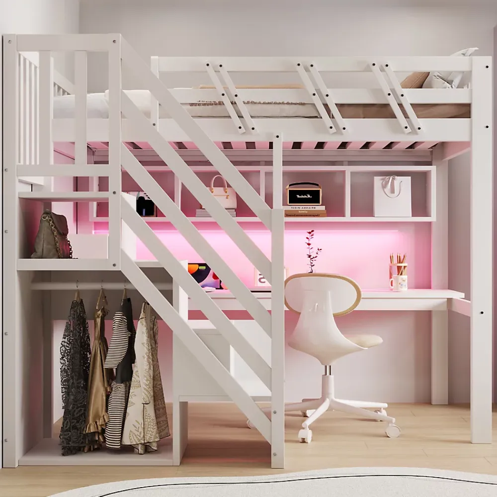 Okwish Lit Mezzanine 90x200 cm - Lit Enfant avec Escalier et Rangement, Bureau Intégré avec LED et USB - Sans Matelas - Bois Blanc* Lit Mezzanine