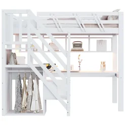 Okwish Lit Mezzanine 90x200 cm - Lit Enfant avec Escalier et Rangement, Bureau Intégré avec LED et USB - Sans Matelas - Bois Blanc* Lit Mezzanine