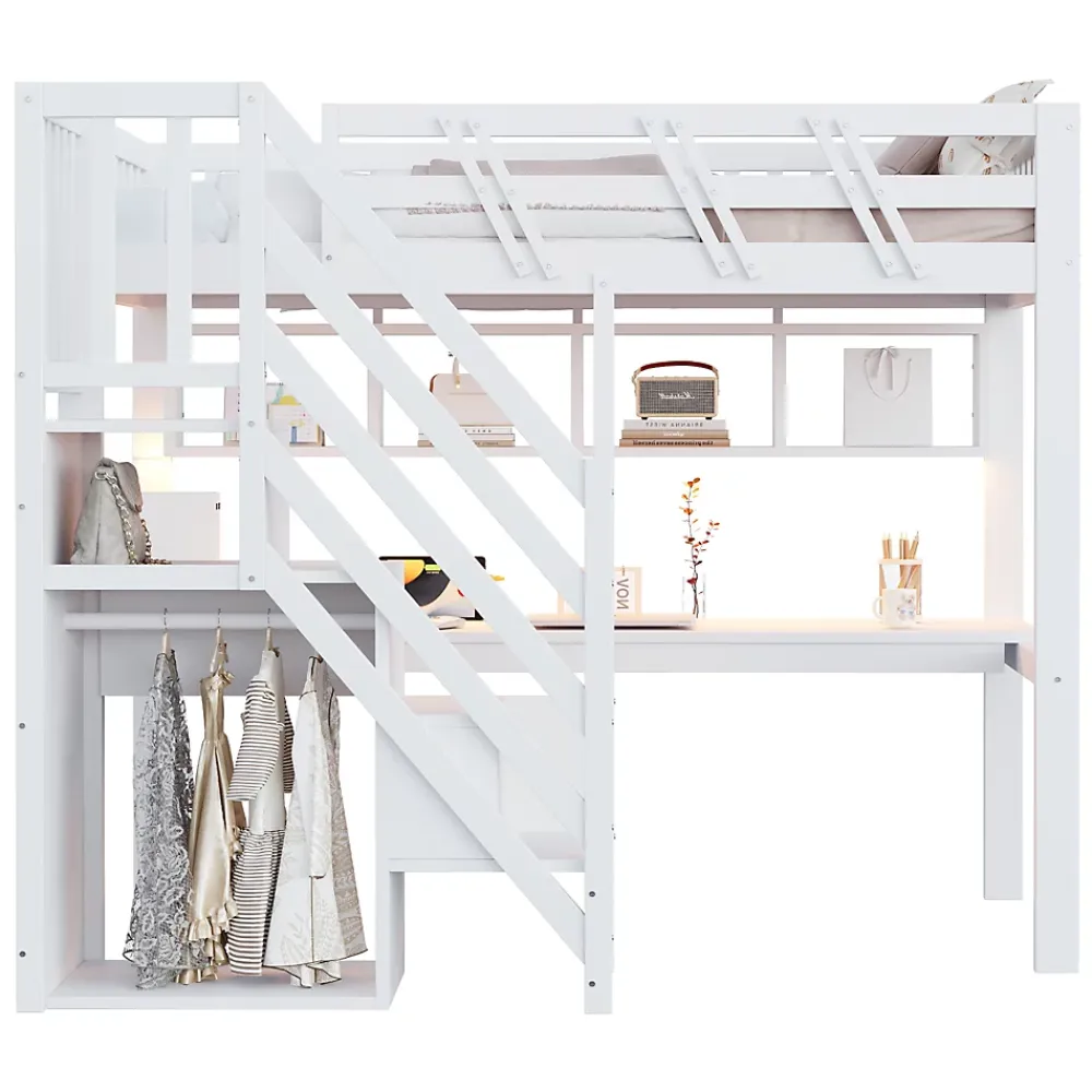 Okwish Lit Mezzanine 90x200 cm - Lit Enfant avec Escalier et Rangement, Bureau Intégré avec LED et USB - Sans Matelas - Bois Blanc* Lit Mezzanine