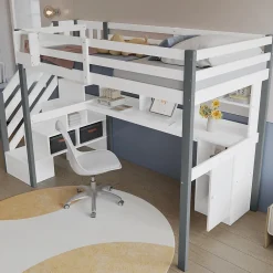 Lit Mezzanine 90x200 cm - Lit Mezzanine Ado avec Bureau, Rangement et Étagères, Pin et MDF, Blanc et Gris, Sans Matelas>Okwish Clearance