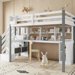 Lit Mezzanine 90x200 cm - Lit Mezzanine Ado avec Bureau, Rangement et Étagères, Pin et MDF, Blanc et Gris, Sans Matelas><noscript><img width=