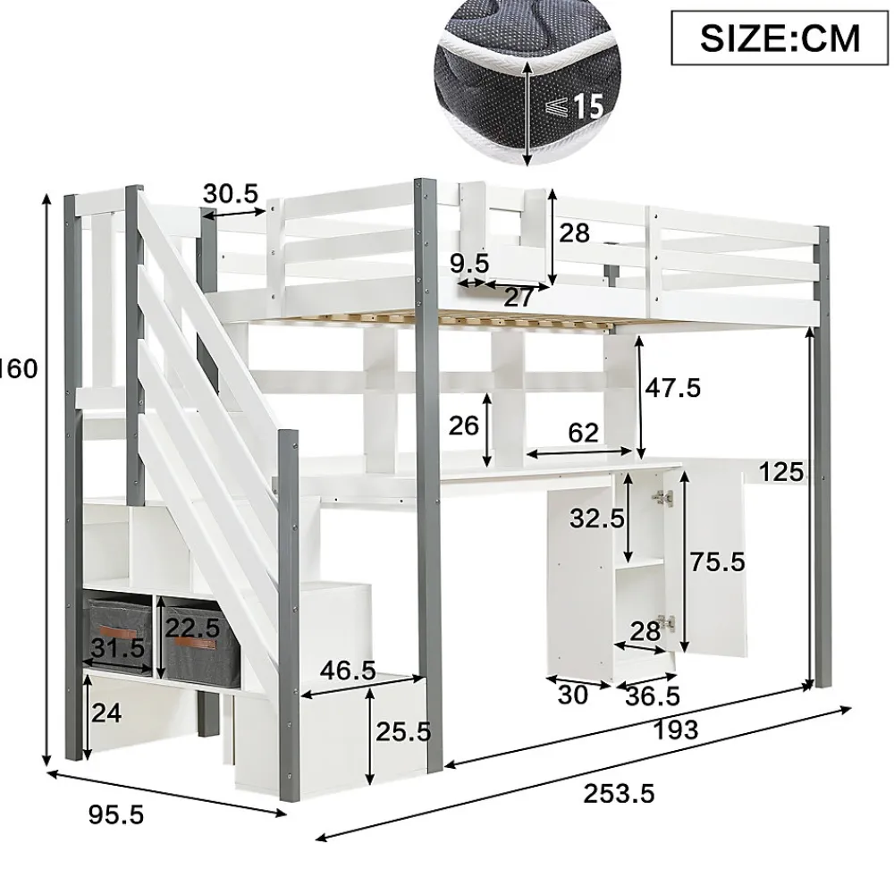 Lit Mezzanine 90x200 cm - Lit Mezzanine Ado avec Bureau, Rangement et Étagères, Pin et MDF, Blanc et Gris, Sans Matelas>Okwish Clearance