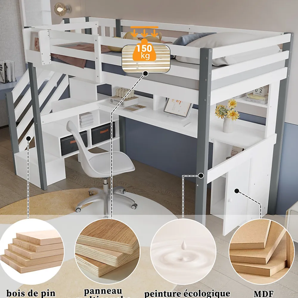 Lit Mezzanine 90x200 cm - Lit Mezzanine Ado avec Bureau, Rangement et Étagères, Pin et MDF, Blanc et Gris, Sans Matelas>Okwish Clearance