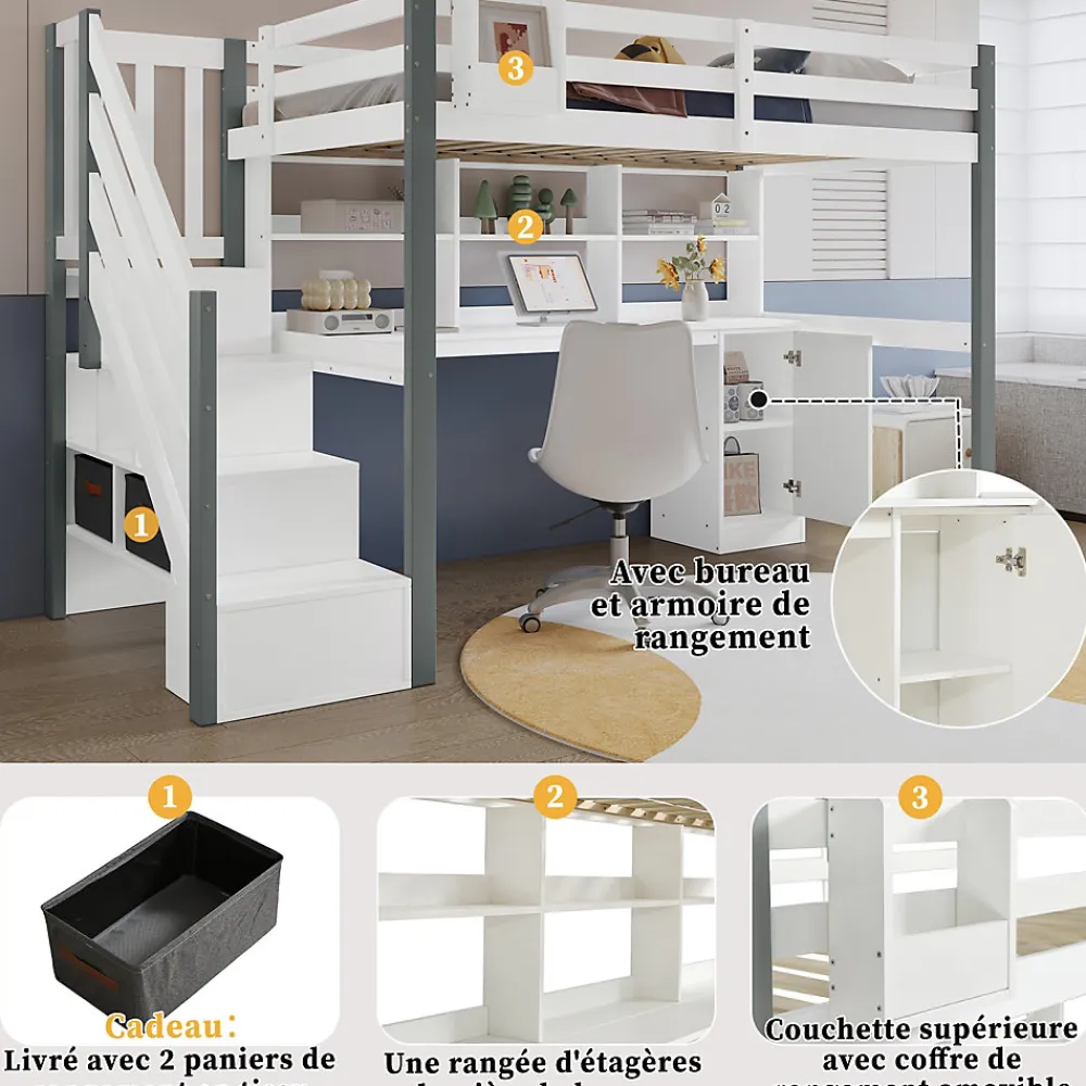 Lit Mezzanine 90x200 cm - Lit Mezzanine Ado avec Bureau, Rangement et Étagères, Pin et MDF, Blanc et Gris, Sans Matelas>Okwish Clearance