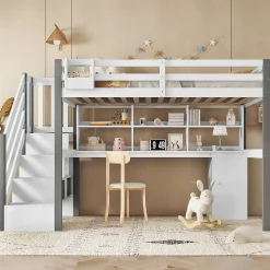 Lit Mezzanine 90x200 cm - Lit Mezzanine Ado avec Bureau, Rangement et Étagères, Pin et MDF, Blanc et Gris, Sans Matelas><noscript><img width=