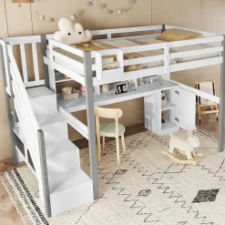 Lit Mezzanine 90x200 cm - Lit Mezzanine Ado avec Bureau, Rangement et Étagères, Pin et MDF, Blanc et Gris, Sans Matelas><noscript><img width=