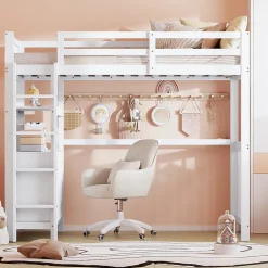 Okwish Lit Mezzanine 90x200 cm - Lit Simple avec Bureau et 6 Tiroirs, Étagères de Rangement, Bois de Pin et MDF, Blanc - Sans Matelas* Lit Mezzanine