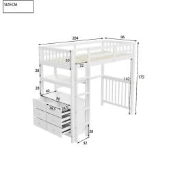 Okwish Lit Mezzanine 90x200 cm - Lit Simple avec Bureau et 6 Tiroirs, Étagères de Rangement, Bois de Pin et MDF, Blanc - Sans Matelas* Lit Mezzanine