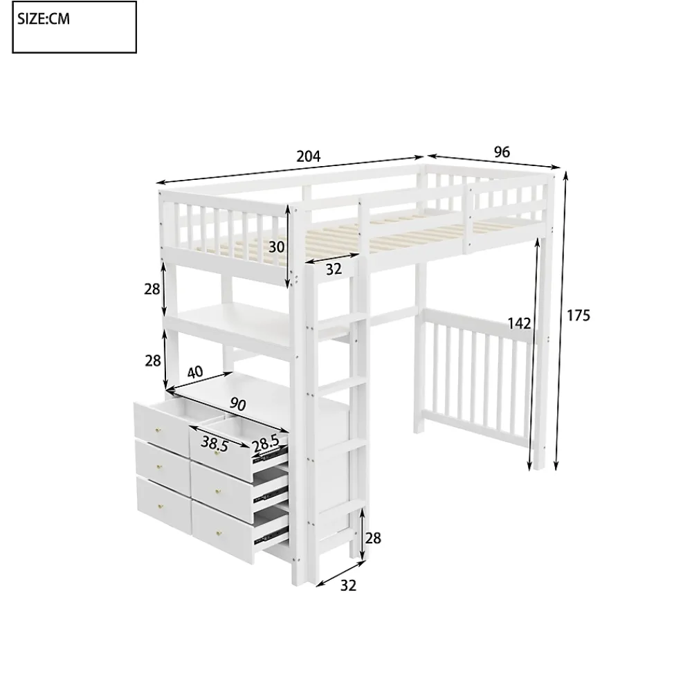 Okwish Lit Mezzanine 90x200 cm - Lit Simple avec Bureau et 6 Tiroirs, Étagères de Rangement, Bois de Pin et MDF, Blanc - Sans Matelas* Lit Mezzanine