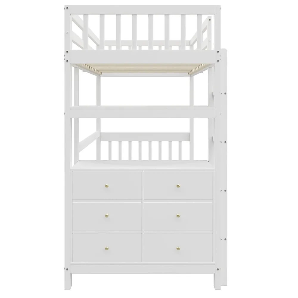 Okwish Lit Mezzanine 90x200 cm - Lit Simple avec Bureau et 6 Tiroirs, Étagères de Rangement, Bois de Pin et MDF, Blanc - Sans Matelas* Lit Mezzanine
