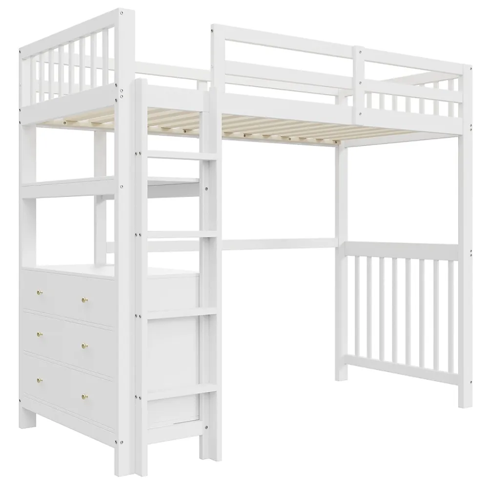 Okwish Lit Mezzanine 90x200 cm - Lit Simple avec Bureau et 6 Tiroirs, Étagères de Rangement, Bois de Pin et MDF, Blanc - Sans Matelas* Lit Mezzanine