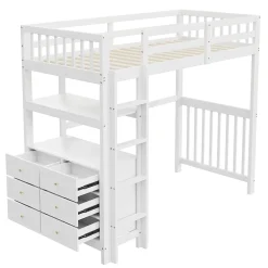 Okwish Lit Mezzanine 90x200 cm - Lit Simple avec Bureau et 6 Tiroirs, Étagères de Rangement, Bois de Pin et MDF, Blanc - Sans Matelas* Lit Mezzanine