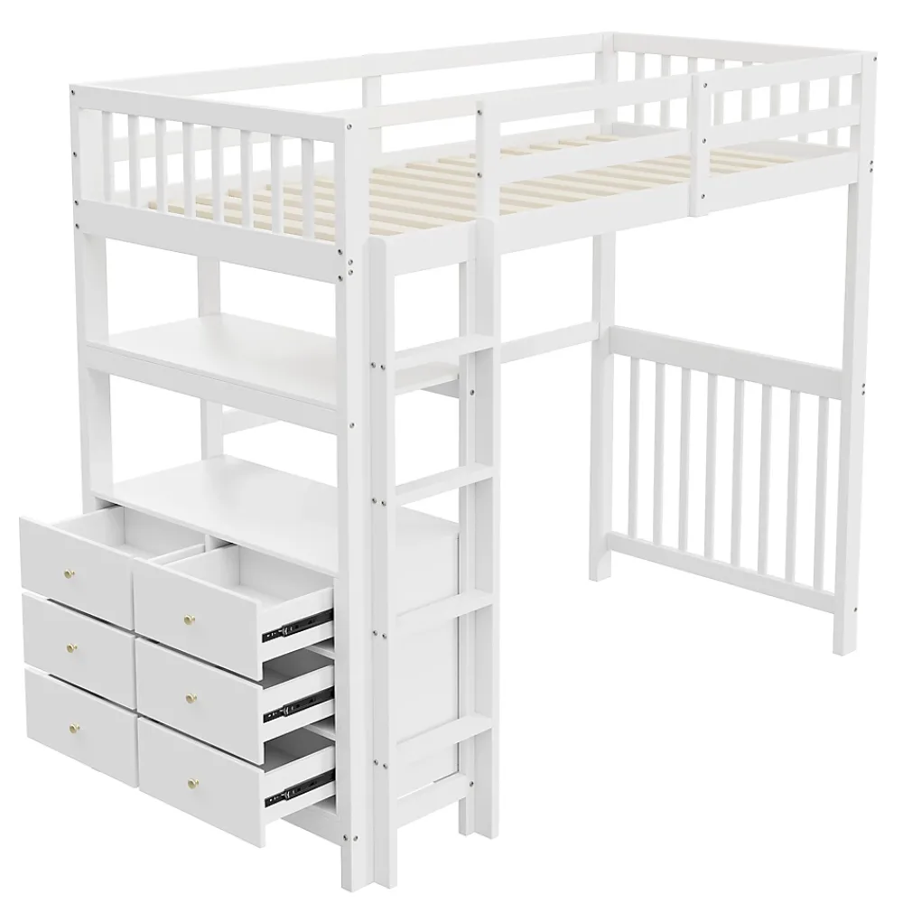 Okwish Lit Mezzanine 90x200 cm - Lit Simple avec Bureau et 6 Tiroirs, Étagères de Rangement, Bois de Pin et MDF, Blanc - Sans Matelas* Lit Mezzanine