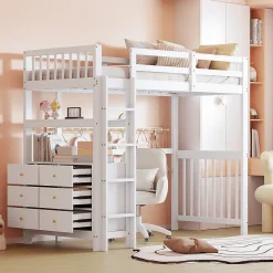 Okwish Lit Mezzanine 90x200 cm - Lit Simple avec Bureau et 6 Tiroirs, Étagères de Rangement, Bois de Pin et MDF, Blanc - Sans Matelas* Lit Mezzanine