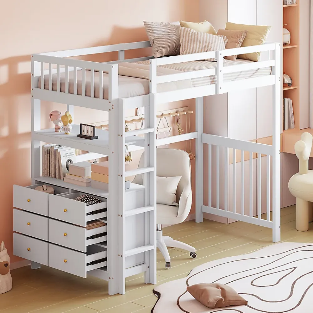 Okwish Lit Mezzanine 90x200 cm - Lit Simple avec Bureau et 6 Tiroirs, Étagères de Rangement, Bois de Pin et MDF, Blanc - Sans Matelas* Lit Mezzanine